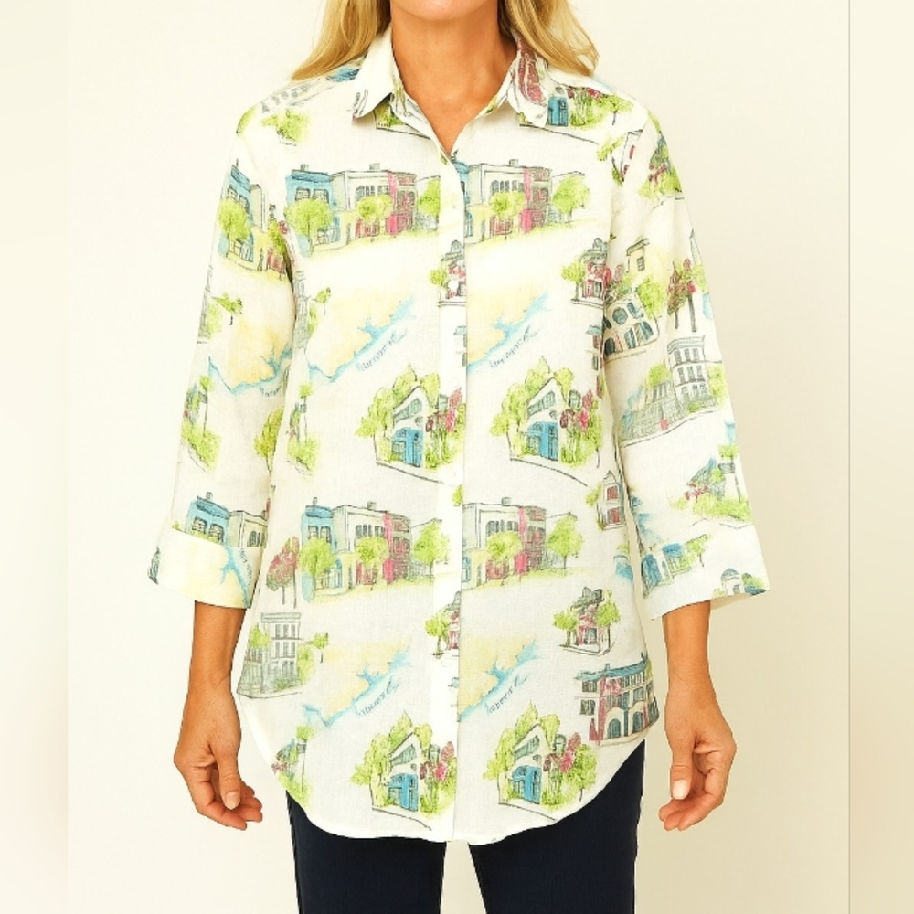 Chico's Linen Southern Charm Print Button Down Shirt, Chico's 0/US 4/6